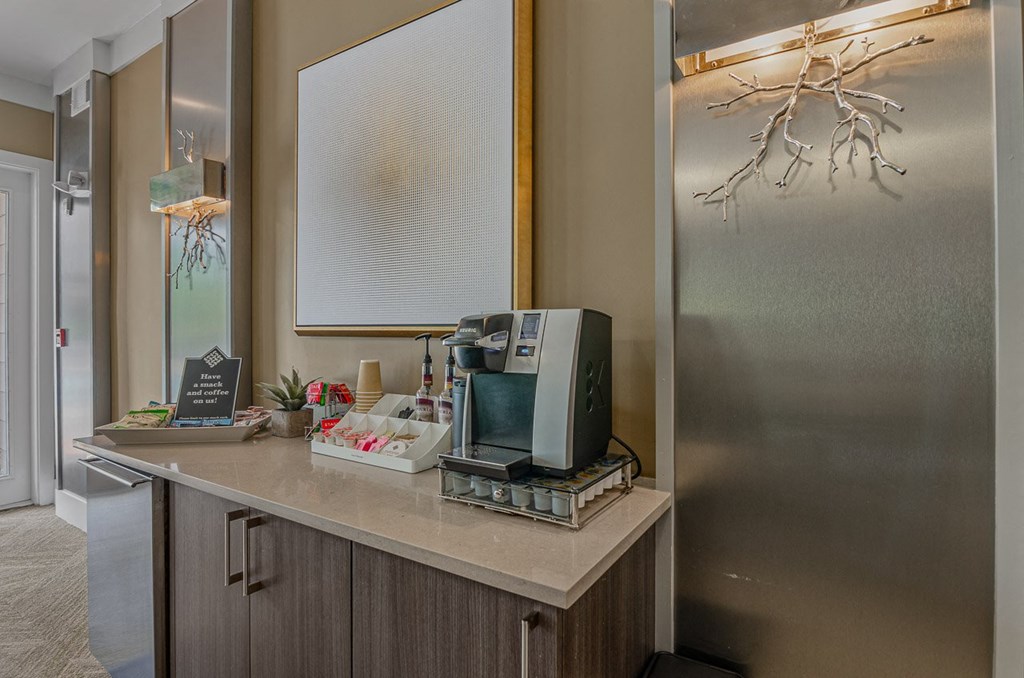 a coffee bar area in the resident clubhouse